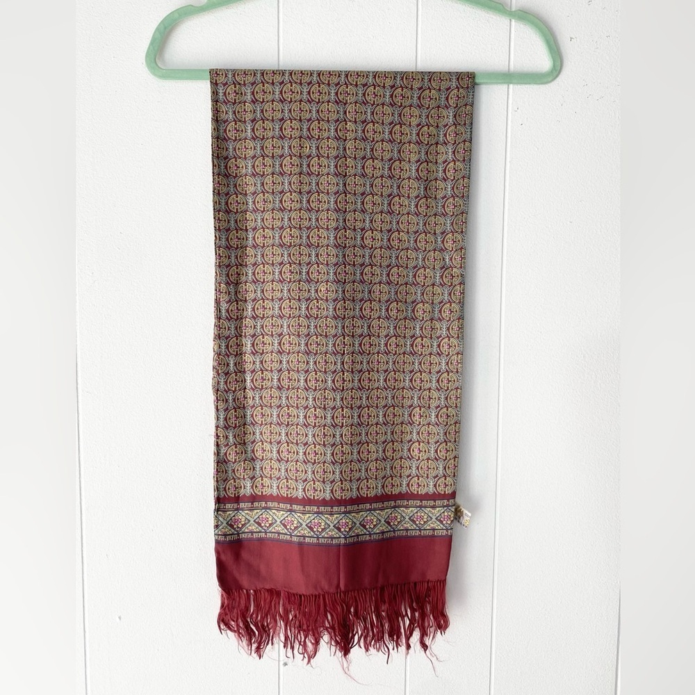 VTG 100% Silk Scarf Burgundy Yellow Pink Geo Rectangle Tassel Fringe 25” X 11 - Picture 10 of 12